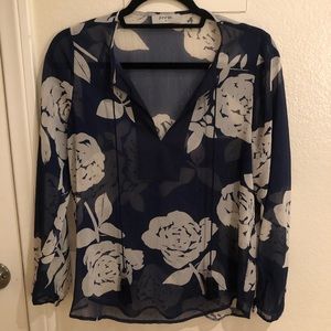 Navy and White Floral Long Sleeve Blouse w Tassel